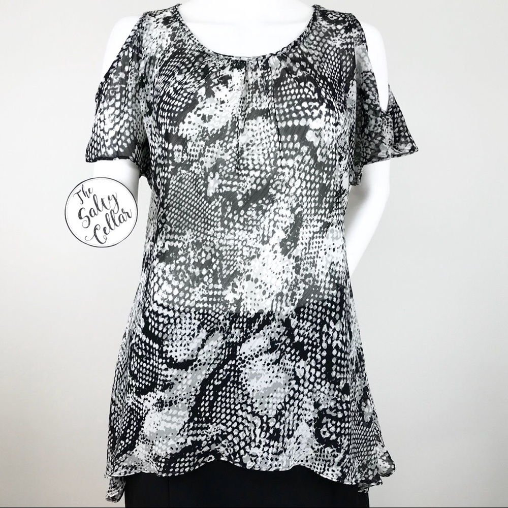 Open Shoulder Snake Skin Print Sheer Top (178)